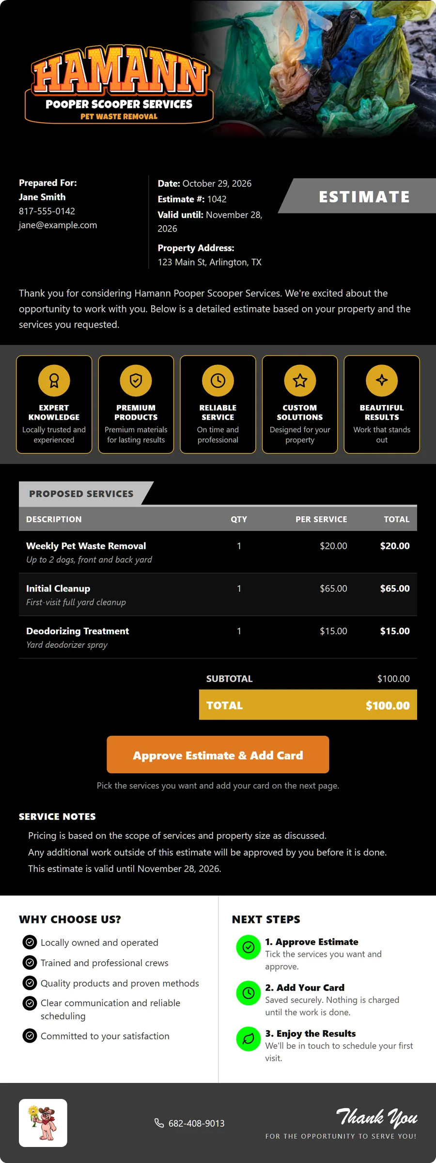 Branded estimate email with the company logo, a header photo, service badges and an Approve Estimate button