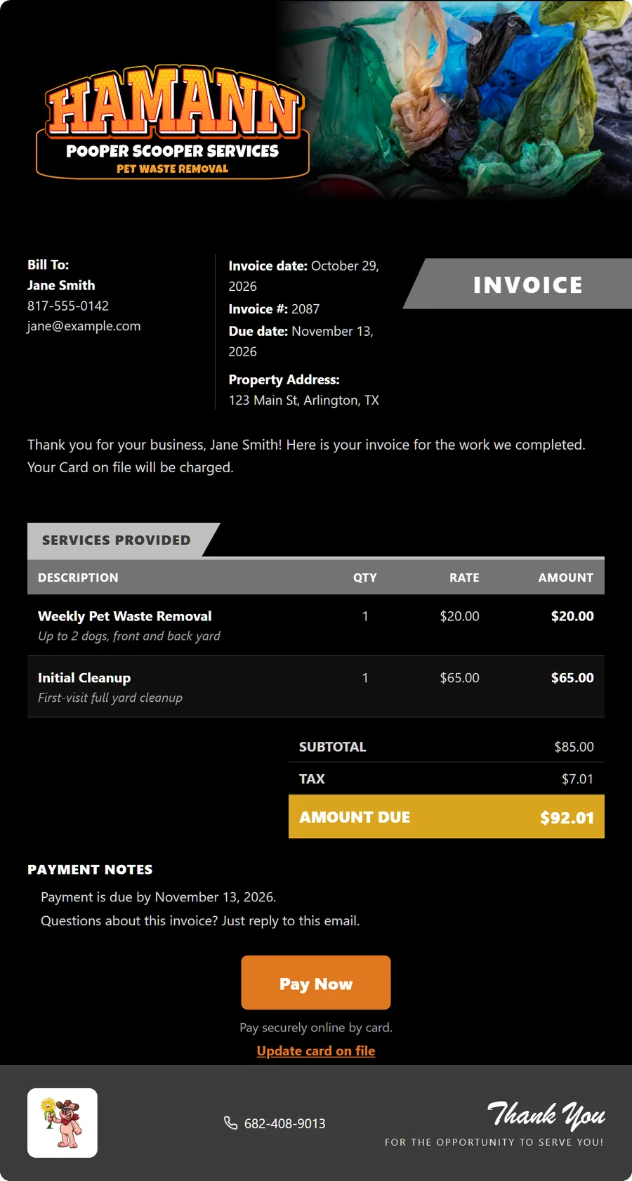 Branded invoice email with line items, sales tax, amount due and a Pay Now button