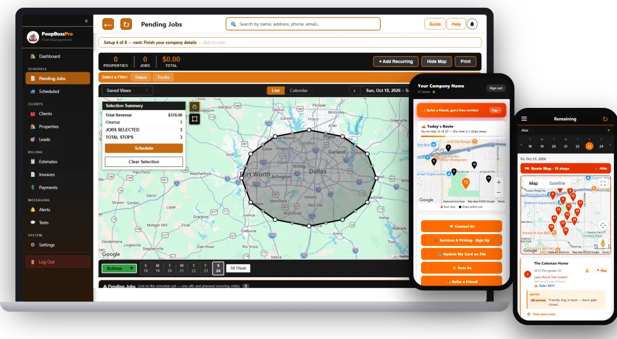 PoopBossPro software on a laptop with the client app and crew app on phones