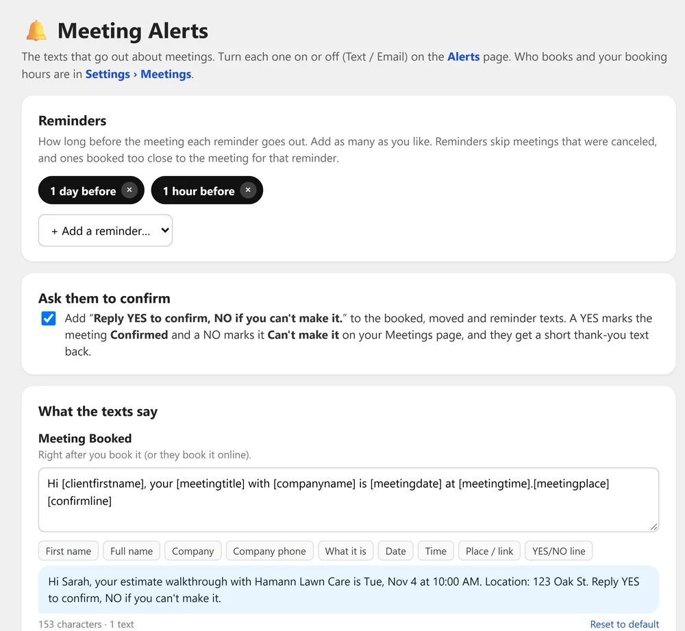Meeting Alerts: reminders 1 day and 1 hour before, a Reply YES to confirm option, and the booked text with a live preview
