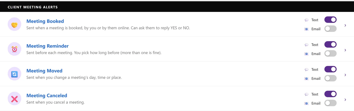 Alerts page, Client Meeting Alerts: Meeting Booked, Reminder, Moved and Canceled, each with its own Text and Email switch